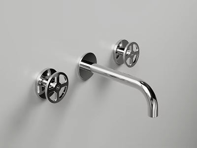 Wall Mounted Chrome Faucet with Dual Handles and Sleek Spout in Modern Design 3d model