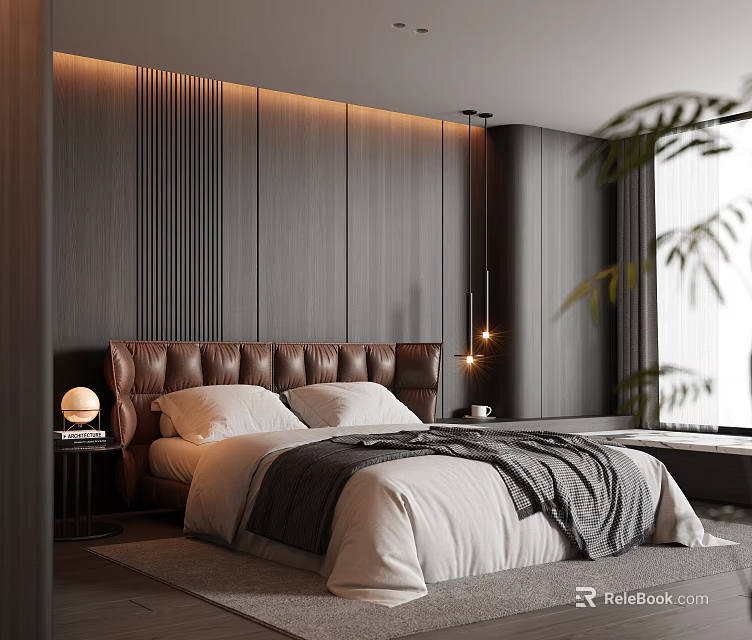 Modern Bedroom Interior Design With Leather Headboard Wooden Wall And Pendant Lights 3d model 