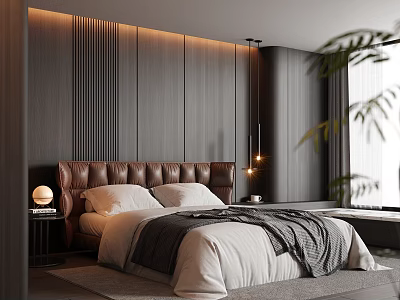 Modern Bedroom Interior Design With Leather Headboard Wooden Wall And Pendant Lights 3d model