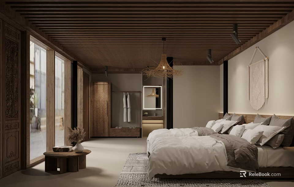 Elegant Modern Hotel Room Interior With King Bed Wooden Ceiling And Floor To Ceiling Windows 3d model 