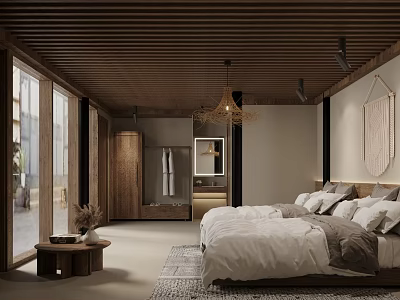 Elegant Modern Hotel Room Interior With King Bed Wooden Ceiling And Floor To Ceiling Windows 3d model