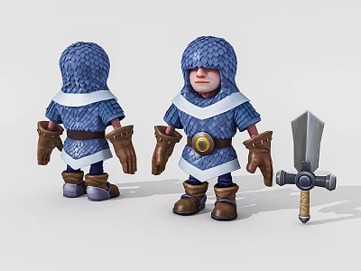 Game Movie Character In Blue Armor With White Trim Brown Gloves Boots And Sword 3d model