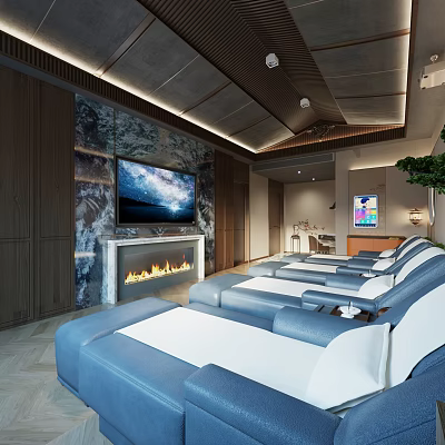 Modern SPA Sauna Interior With Blue Lounge Chairs Marble Wall Fireplace And Large Screen TV 3d model