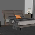 Modern Brown Leather Double Bed with Grey Pillows Orange Cushion Striped Blanket and Gold Lamp