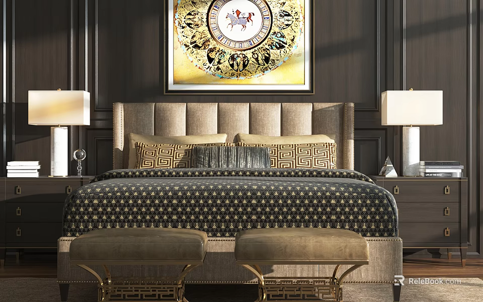 Elegant Double Bed With Upholstered Headboard Patterned Bedspread Decorative Pillows And Table Lamps 3d model 