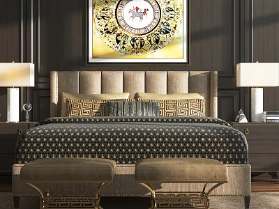 Elegant Double Bed With Upholstered Headboard Patterned Bedspread Decorative Pillows And Table Lamps 3d model