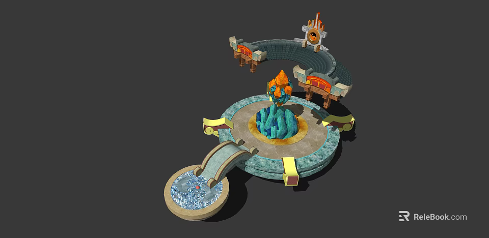 Mystical Virtual Scene Featuring Circular Platform Blue Crystal Fountain And Ornate Arches 3d model 