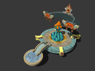 Mystical Virtual Scene Featuring Circular Platform Blue Crystal Fountain And Ornate Arches 3d model