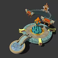 Mystical Virtual Scene Featuring Circular Platform Blue Crystal Fountain And Ornate Arches