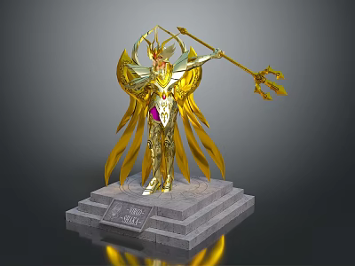 Golden Armored Statue With Winged Design Holding Trident On Stone Pedestal 3d model
