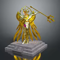 Golden Armored Statue With Winged Design Holding Trident On Stone Pedestal