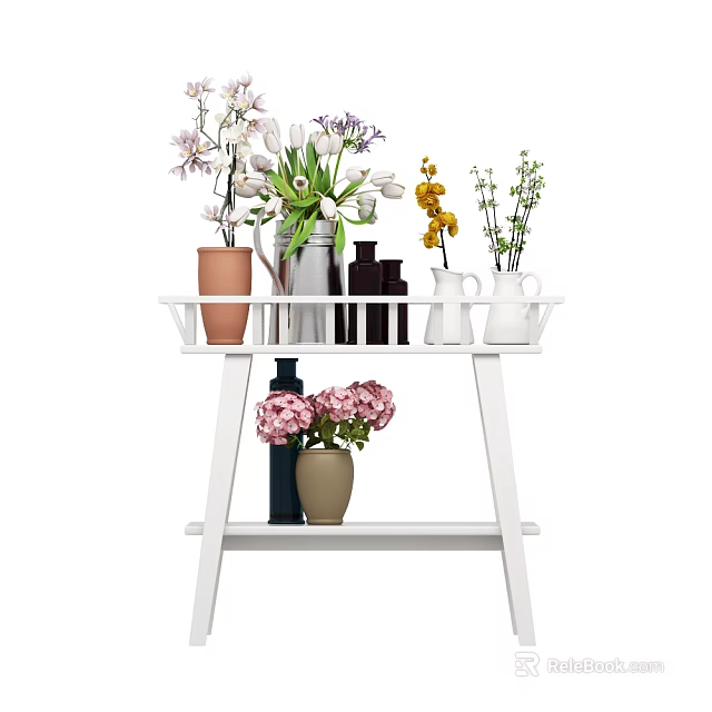 Decorative Vases With Various Flowers On Two Tiered White Shelf Arrangement 3d model 