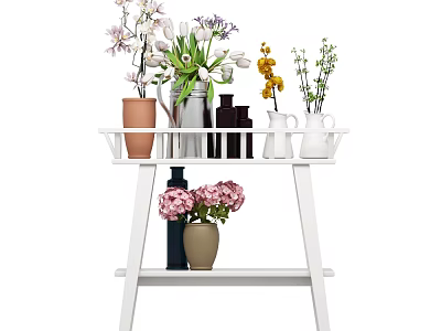 Decorative Vases With Various Flowers On Two Tiered White Shelf Arrangement 3d model