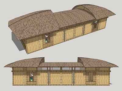 Traditional Bamboo House With Curved Thatched Roof And Rural Design Elements 3d model