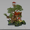 Whimsical Wooden Treehouse Structure With Red Roofs Green Foliage And Elevated Platforms 3d model