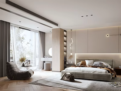 Modern Minimalist Bedroom Interior With Large Bed Floor To Ceiling Windows And Gray Rug 3d model