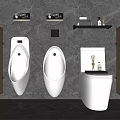 Modern White Urinals In Bathroom With Grey Marble Wall Toilet Shelf And Wooden Dividers