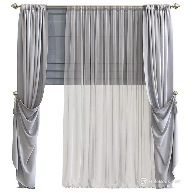 Gray Layered Curtains With Sheer Voile Pleated Details And Metal Hooks 3d model 