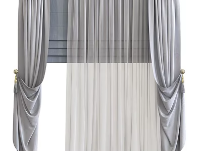 Gray Layered Curtains With Sheer Voile Pleated Details And Metal Hooks 3d model