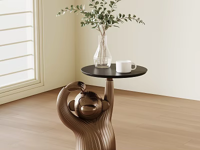 Modern Side Table with Copper Sculptural Base Vase Greenery and White Cup 3d model
