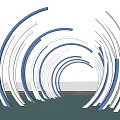 Modern Curved Blue And White Art Installation With Water Reflections And Blue Sky