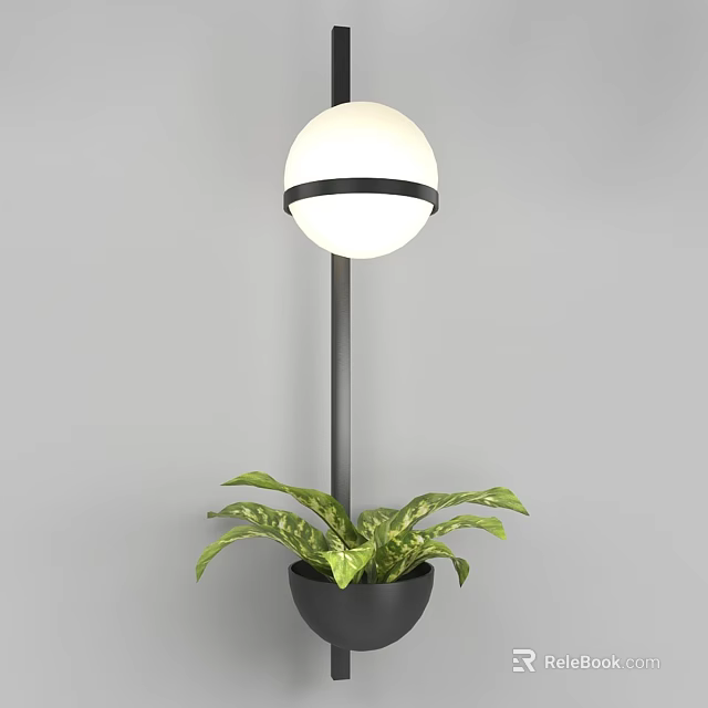 Modern Wall Lamp With White Lampshade Black Pole And Green Plant On Gray Wall 3d model