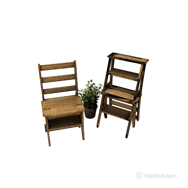 Wooden Furniture Set Including Chair And Multi Tier Shelf With Small Potted Plant 3d model 