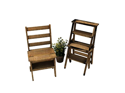 Wooden Furniture Set Including Chair And Multi Tier Shelf With Small Potted Plant 3d model