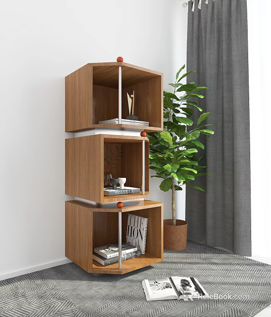 Three Tier Wooden Shelving Unit With Books Magazines Cup And Green Plant Near Grey Curtains 3d model 