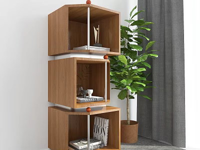 Three Tier Wooden Shelving Unit With Books Magazines Cup And Green Plant Near Grey Curtains 3d model