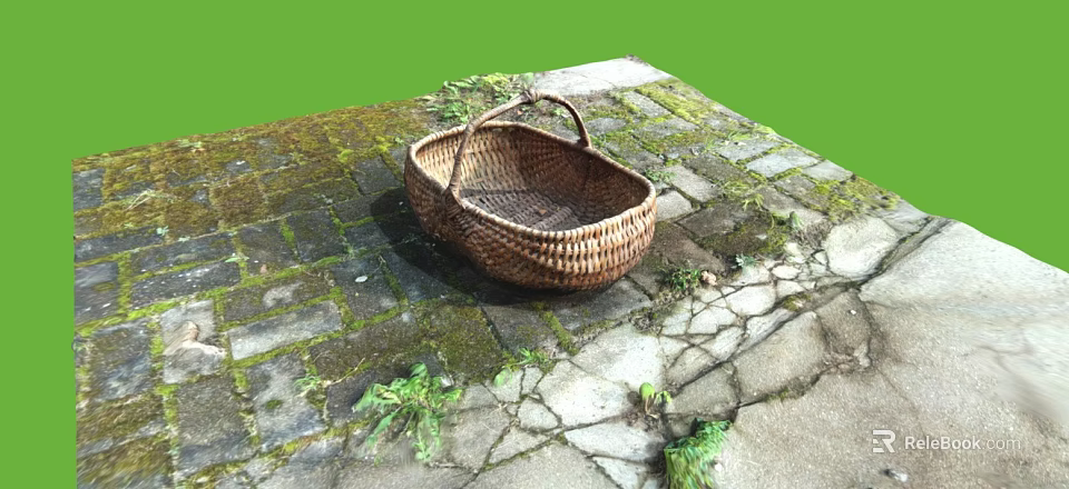 Handmade Rustic Wicker Basket Placed On Outdoor Moss Covered Stone Path 3d model 