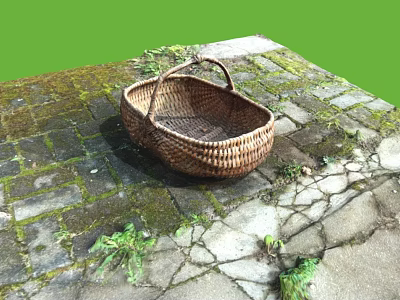 Handmade Rustic Wicker Basket Placed On Outdoor Moss Covered Stone Path 3d model