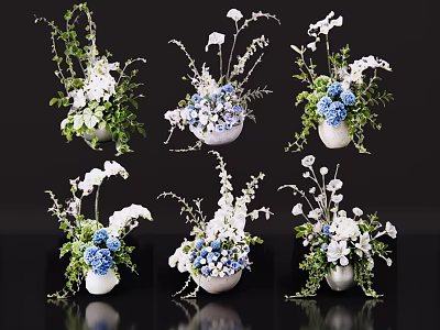 White And Blue Floral Arrangements In Decorative Vases With Green Leaves 3d model