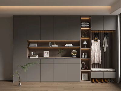 Modern Gray Shoe Cabinet Design With Storage Shelves Hanging Rack And Decorative Plants 3d model