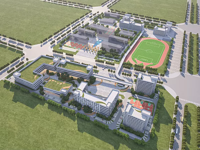 Modern School Campus Buildings With Classroom Complex Sports Field And Green Landscaping 3d model