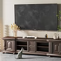 Classic Dark Wood TV Stand With Wall Mounted TV Decorative Vase And Green Plant