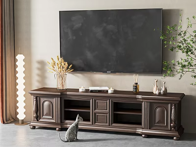 Classic Dark Wood TV Stand With Wall Mounted TV Decorative Vase And Green Plant 3d model