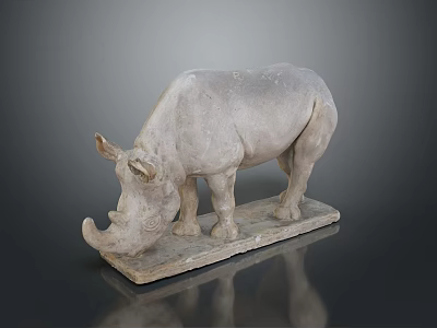 Detailed Rhinoceros Stone Statue Standing on Square Base Against Dark Background With Reflection 3d model