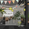 Chongqing Hotpot Restaurant With Colorful Bunting Flags Yellow Lanterns Wooden Tables And Green Plants