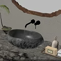Natural Stone Washbasin with Wall-Mounted Faucet Wooden Frame Mirror and Green Plant in Light-Colored Bathroom