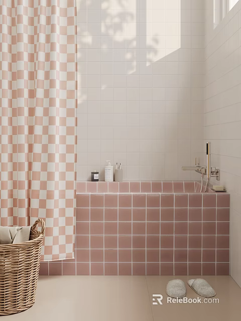 Pink Tile Bathtub In Modern Bathroom With Checkered Curtain 3d model 