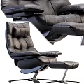 Comfortable Black Leather Recliner Chair with Ottoman and Metal Base