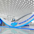 DJI Modern Exhibition Booth Design With Curved Structure Blue Lighting And Display Monitors 3d model
