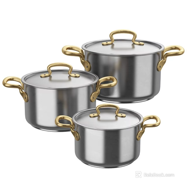 Stainless Steel Cookware Set With Three Pots Gold Handles And Lids 3d model 