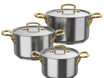 Stainless Steel Cookware Set With Three Pots Gold Handles And Lids 3d model