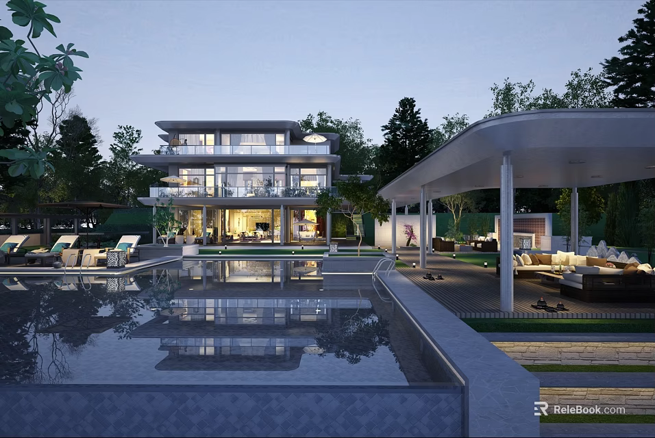 Modern Detached Villa with Glass Facade Reflective Pool and Lush Greenery Surroundings 3d model 
