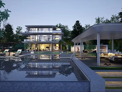 Modern Detached Villa with Glass Facade Reflective Pool and Lush Greenery Surroundings 3d model