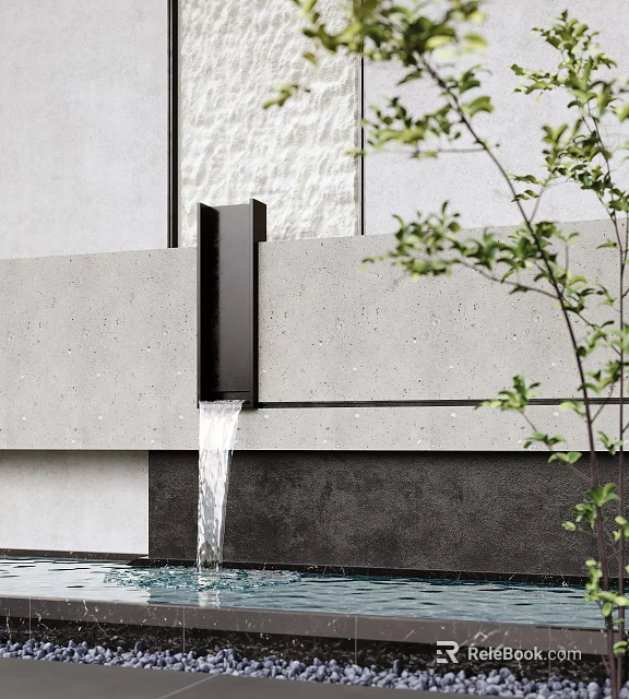 Modern Feature Wall Design With Flowing Water Concrete Surface And Green Plants 3d model 
