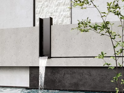 Modern Feature Wall Design With Flowing Water Concrete Surface And Green Plants 3d model