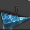 People Watching Large Curved Screen With Blue Water Waves And Lightning In Dark Space